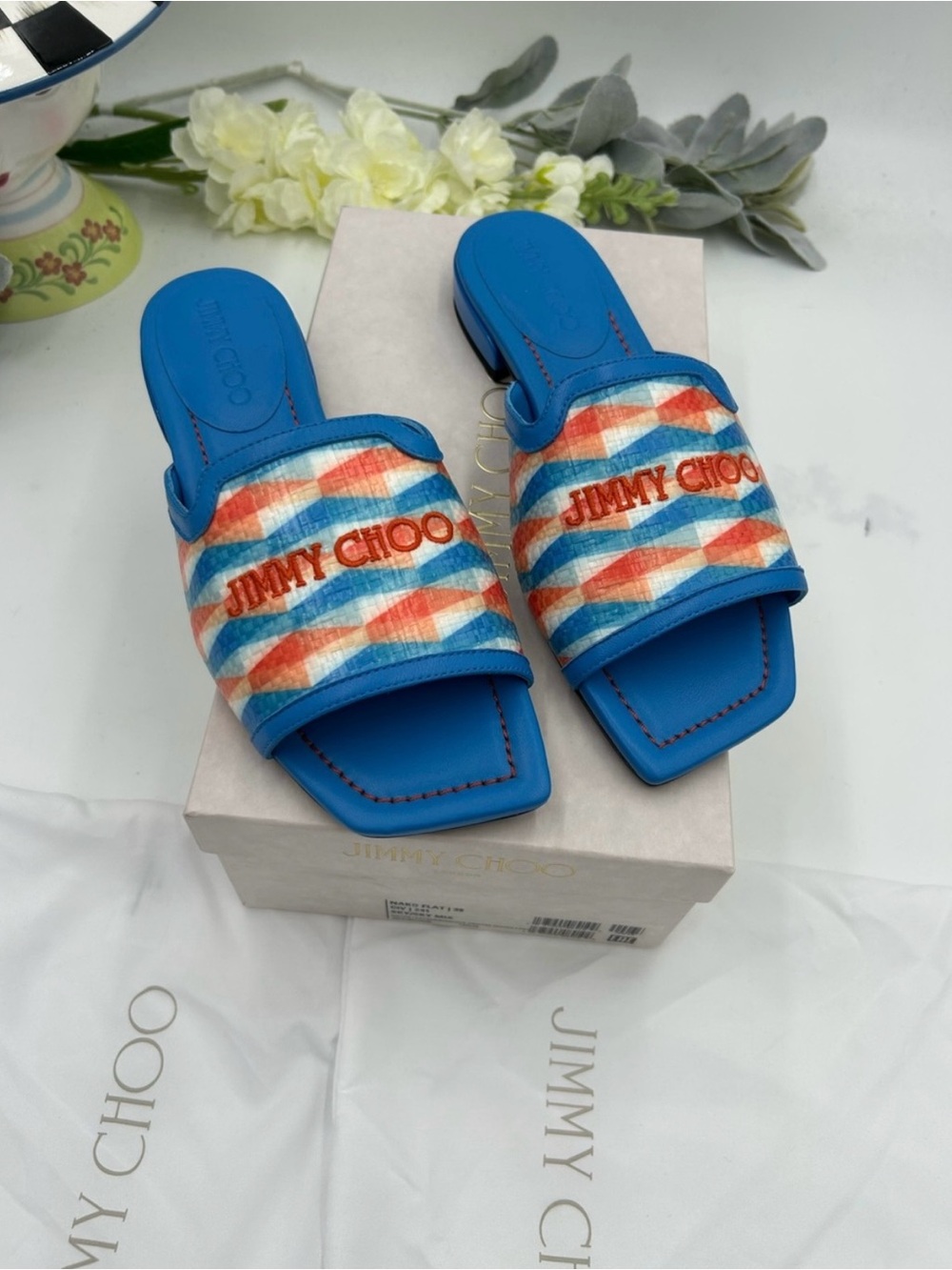 Women’s Jimmy Choo Bright Blue Multicolored Patterned Slides size 38